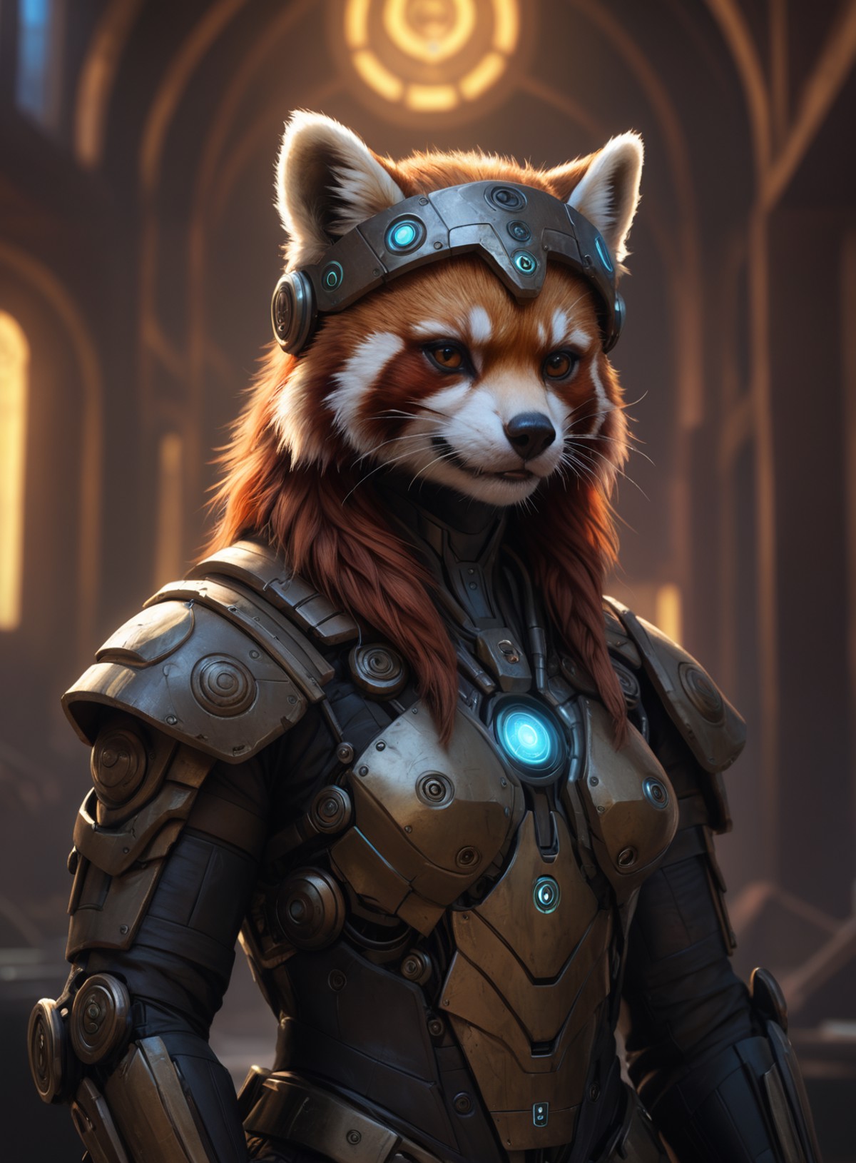(cyberpunk viking red panda with robotic parts epic background glowing runes), alluring portrait, intricate, highly detail...